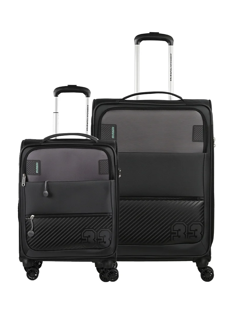 American Tourister Majoris + Suitcase, 2pc Set (59 + 70 cm), 4 Spinner Wheels, Soft Top, 100% Polyester, Black|Corner Guards|Multi Front Pocket|TSA Combination Lock|Expandable|Retractable Aluminum Handle - 3 Years International Warranty